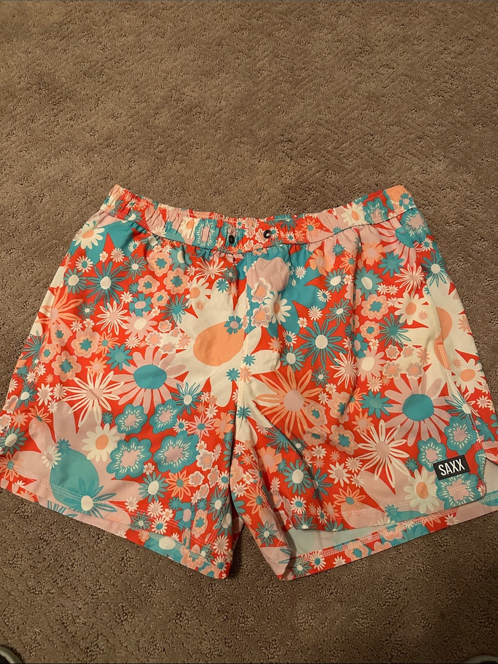 Saxx Floral Print Elastic Waist Shorts - Coral, Teal & Cream